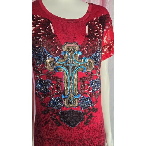 Angels & Diamonds Red Lace Bling Rhinestone Cross Wings Top Size XL - Picture 3 of 12